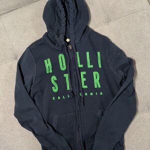 Hollister Navy Hoodie with Neon Green Text